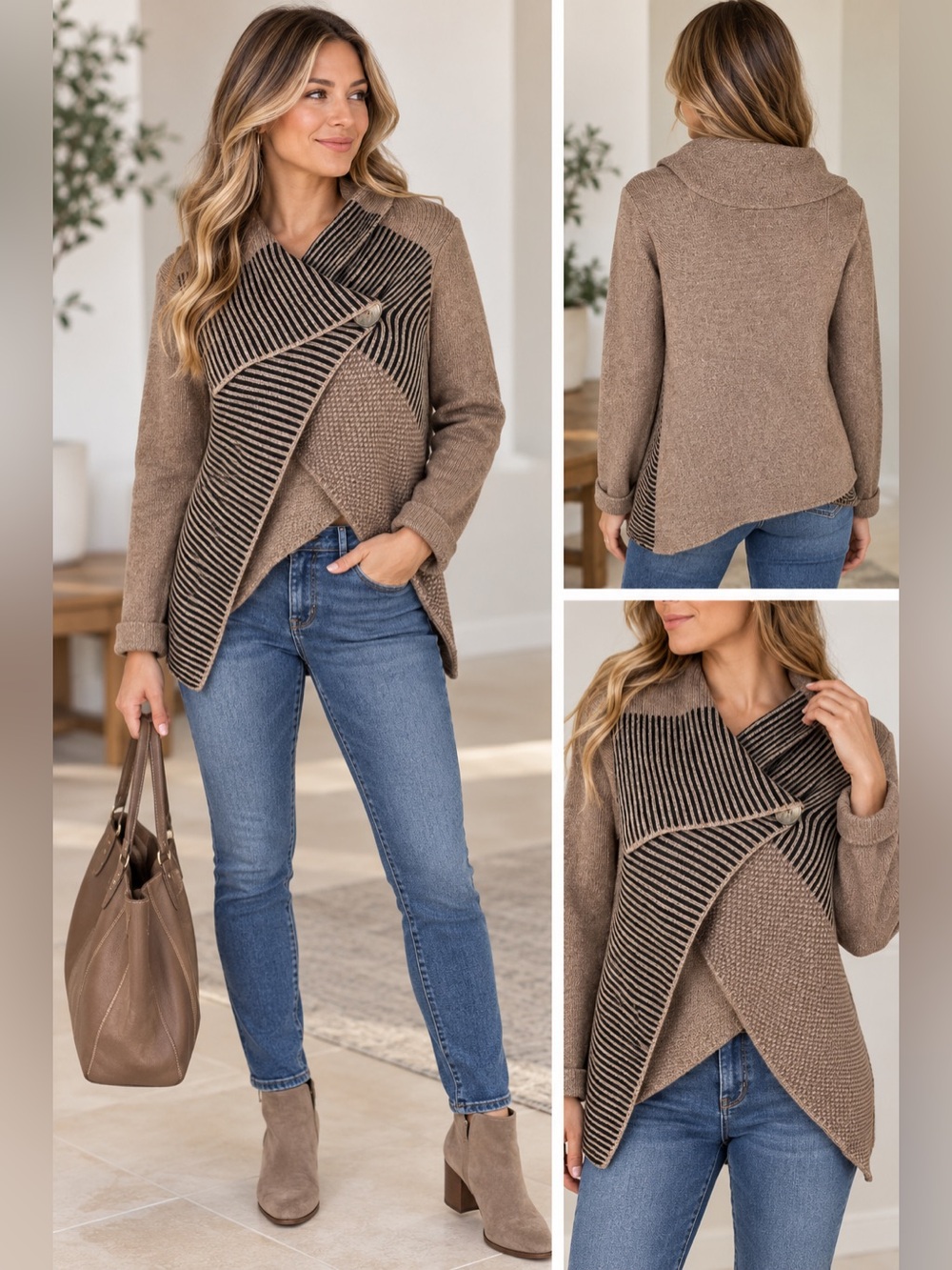 A.IDA‎ Wool Blend Shawl Wrap Cardigan Sweater Italy Brown Black Size S